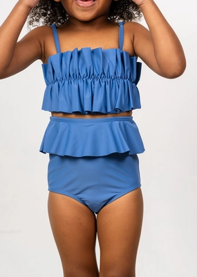 Blue Denim | Mini Peplum Bottoms girls full coverage swimwear, kids swimwear for pool