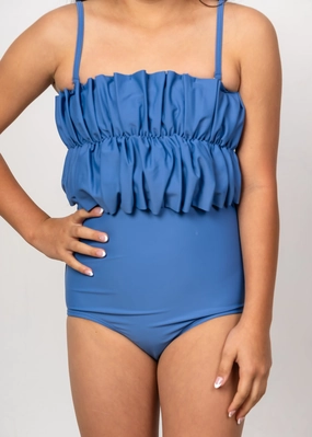 Blue Denim | Youth High-Waisted Bottoms girls full coverage swimwear, kids swimwear for pool