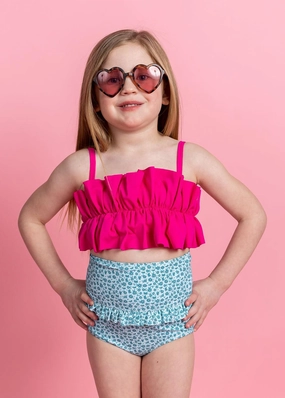 Blue Ditsy Floral | Mini Mid-Ruffle Bottoms girls full coverage swimwear, kids swimwear for pool