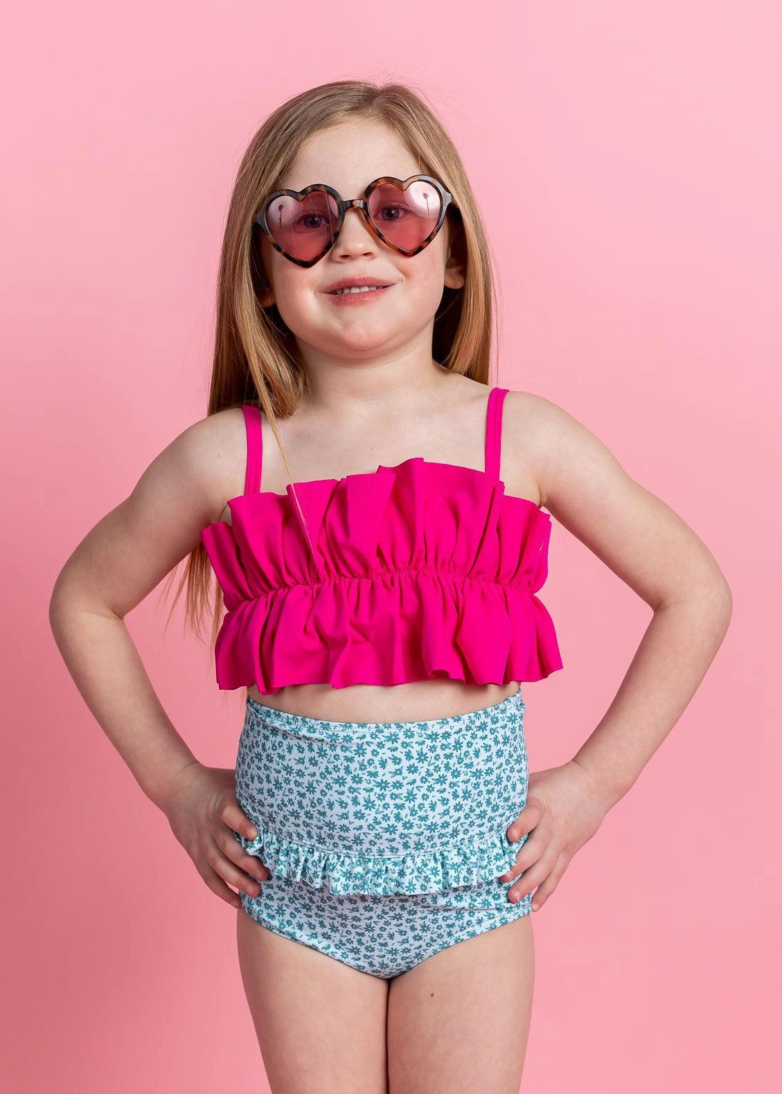 Blue Ditsy Floral | Mini Mid-Ruffle Bottoms girls full coverage swimwear, kids swimwear for pool
