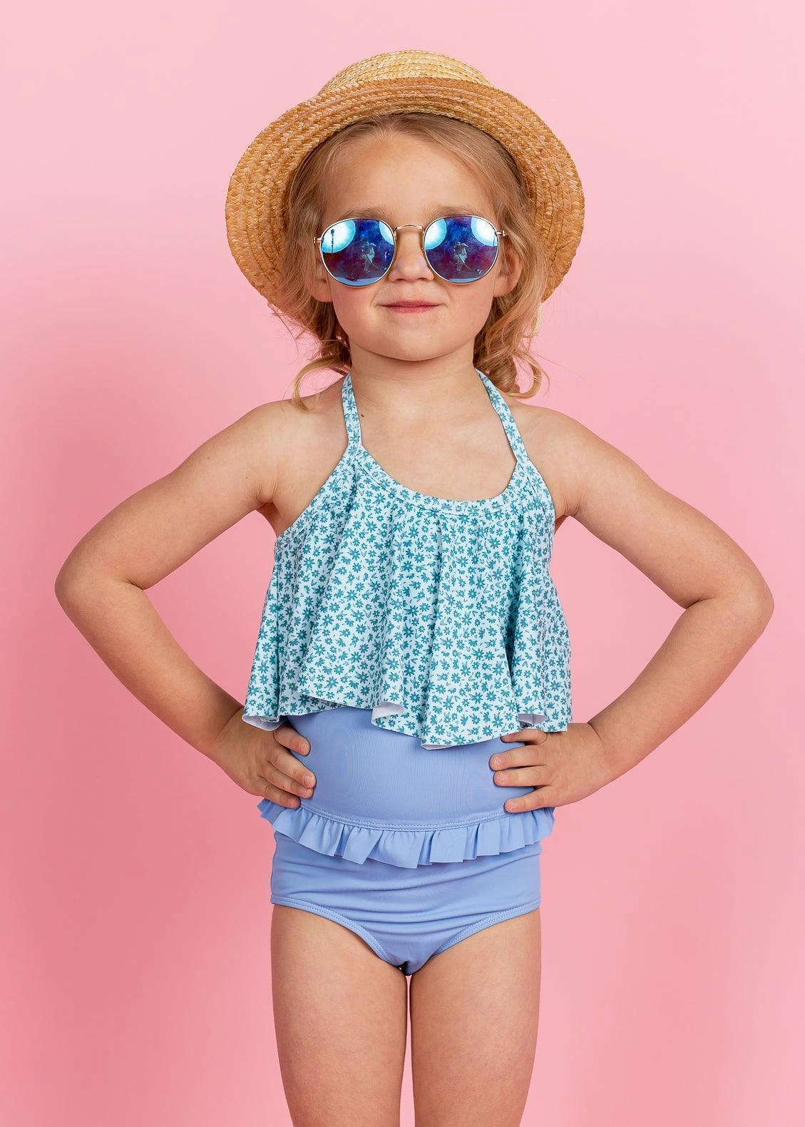 Blue Ditsy Floral | Mini Swing Top girls full coverage swimwear, kids swimwear for pool