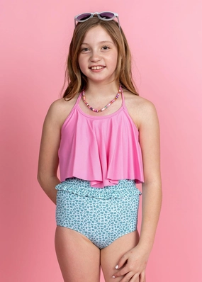 Blue Ditsy Floral | Youth Mid-Ruffle Bottoms girls full coverage swimwear, kids swimwear for pool