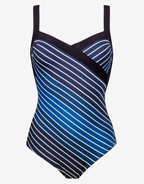 Blue Illusion Cross Front Swimsuit - Blue and White tummy control swimwear women, slimming swimsuits