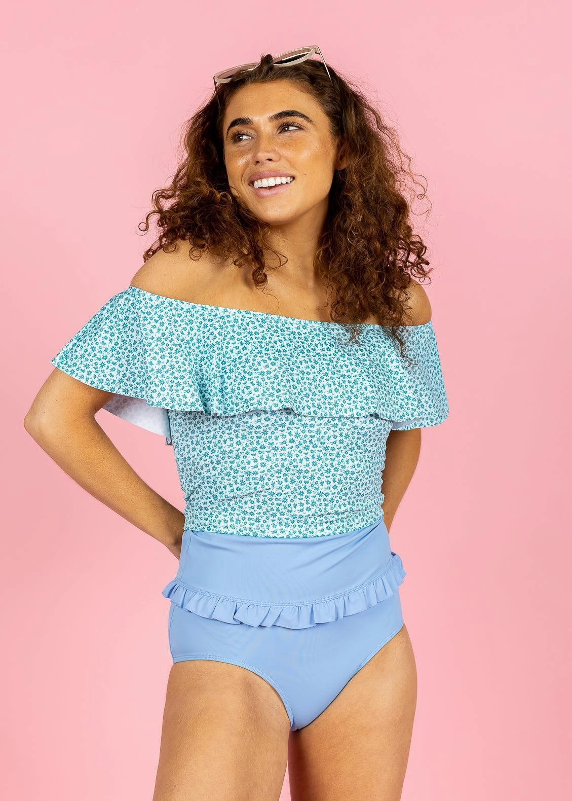 Blue Skies | Mid-Ruffle Bottoms elastic waistband swim bottoms, mix-and-match bikini bottoms