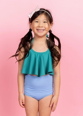 Blue Skies | Mini High-Waisted Bottoms girls full coverage swimwear, kids swimwear for pool