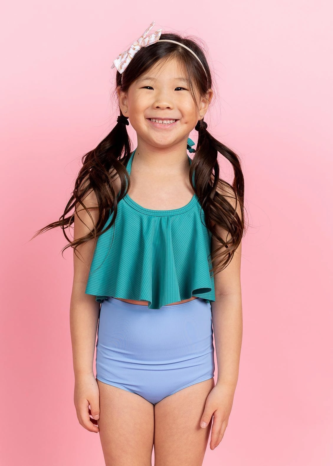Blue Skies | Mini High-Waisted Bottoms girls full coverage swimwear, kids swimwear for pool