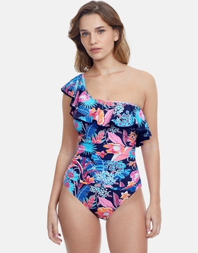 Bohemian Gypsy Ruffle One Shoulder Swimsuit - Navy padded swimwear for women, padded bikini tops