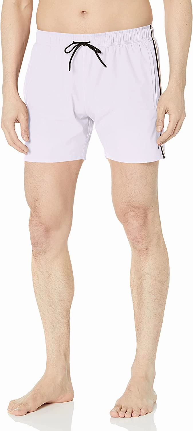 BOSS Men's Standard Solid Swim Trunk with Iconic Side Stripe, Salt mens beach swimwear, quick dry mens swimsuits