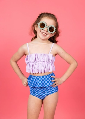 Bright Lilac | Mini Oversized Ruffle Top girls full coverage swimwear, kids swimwear for pool