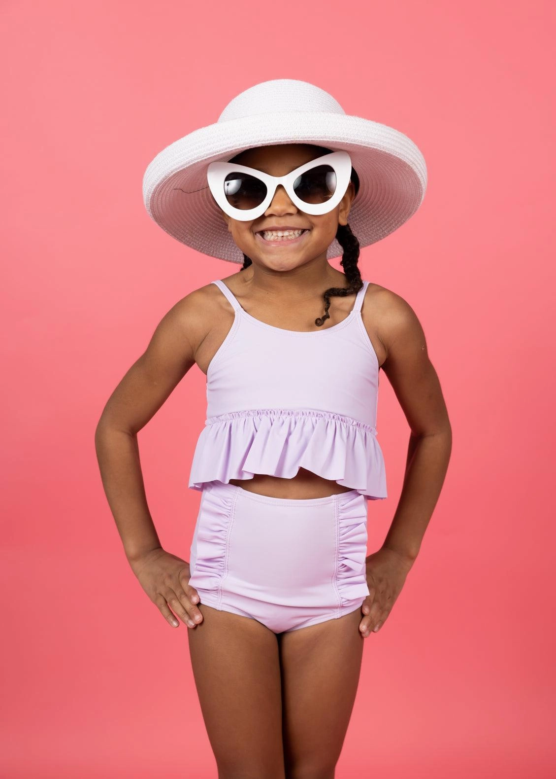 Bright Lilac | Mini Peplum Top girls full coverage swimwear, kids swimwear for pool