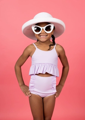 Bright Lilac | Mini Peplum Top girls full coverage swimwear, kids swimwear for pool