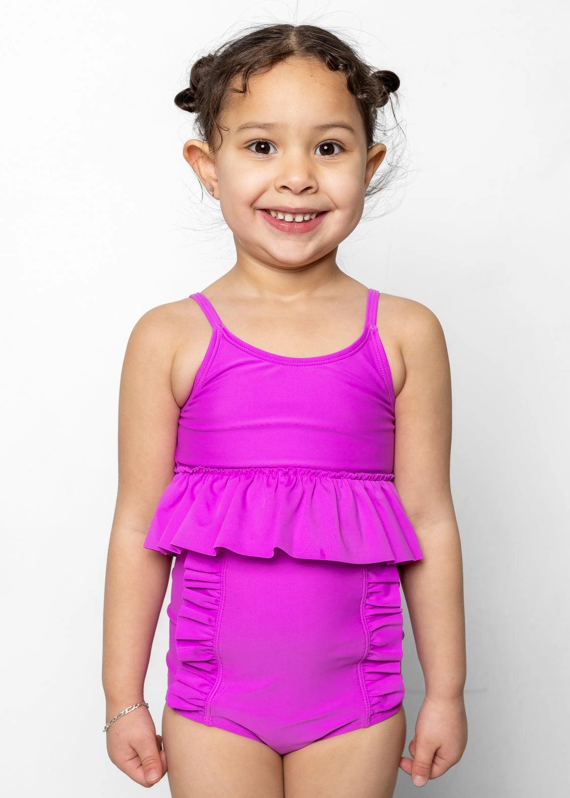 Brilliant Violet | Mini Down in Front Ruffle Bottoms girls full coverage swimwear, kids swimwear for pool