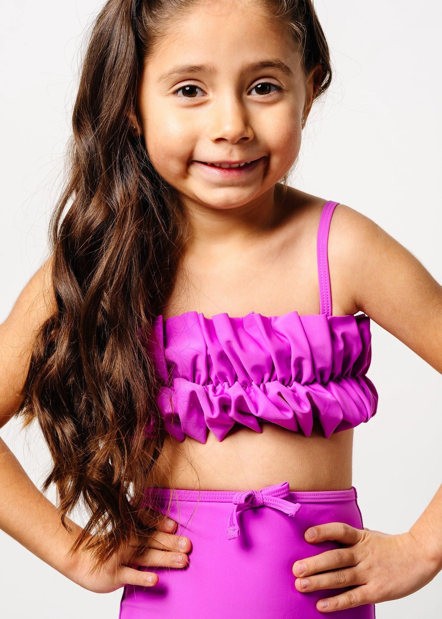 Brilliant Violet | Mini Oversized Ruffle Top girls full coverage swimwear, kids swimwear for pool