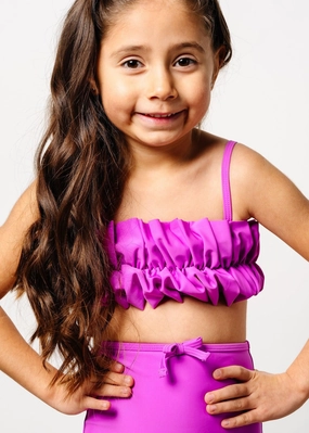 Brilliant Violet | Mini Oversized Ruffle Top girls full coverage swimwear, kids swimwear for pool