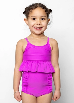 Brilliant Violet | Mini Peplum Top girls full coverage swimwear, kids swimwear for pool