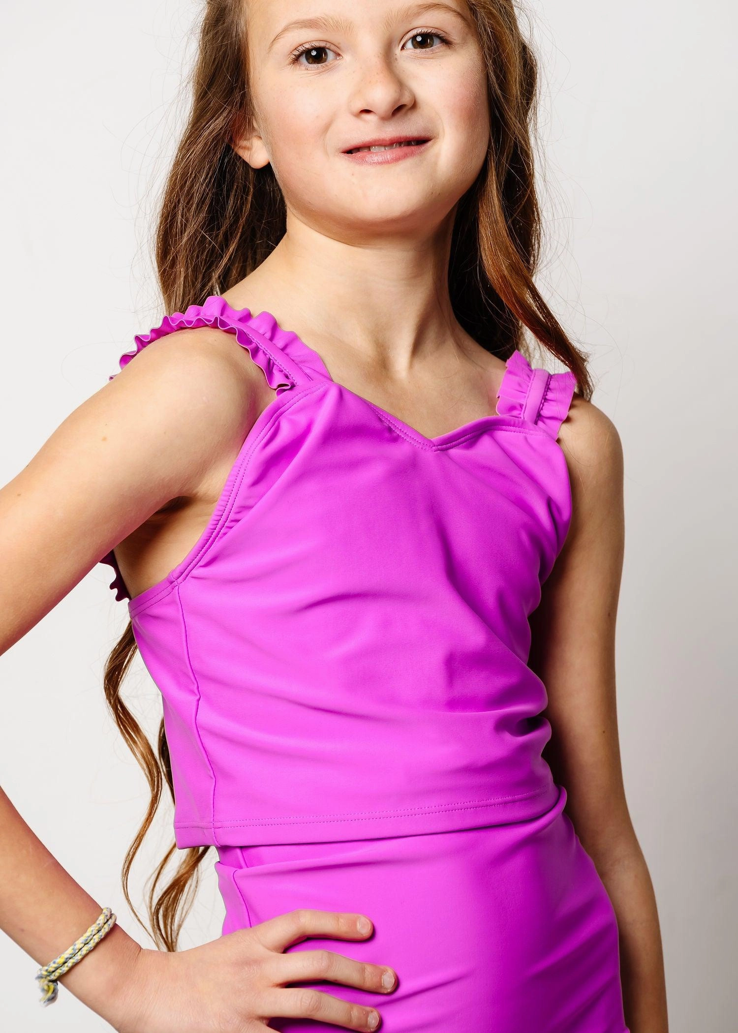 Brilliant Violet | Youth Ripple Top girls full coverage swimwear, kids swimwear for pool