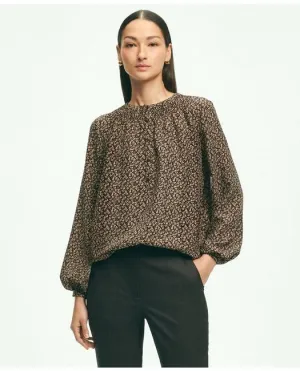 Brooks Brothers Women's Ditsy Print Peasant Blouse Brown Brooks Brothers