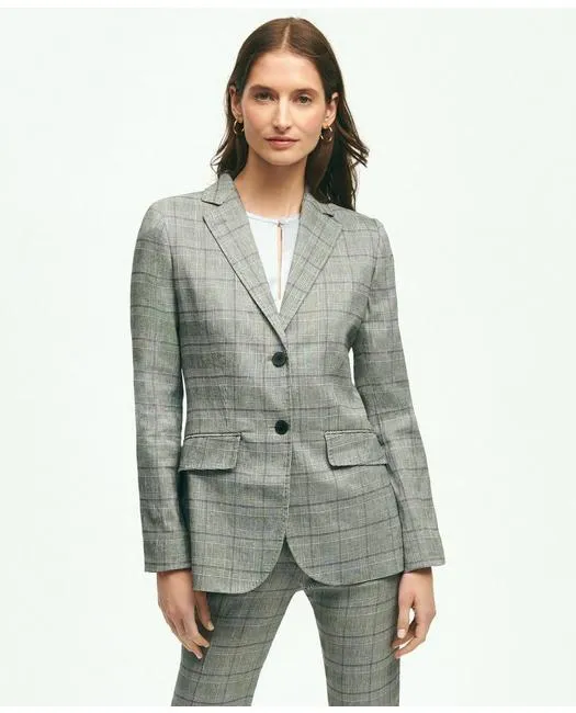 Brooks Brothers Women's Linen Blend Glen Plaid Jacket Light Grey Brooks Brothers