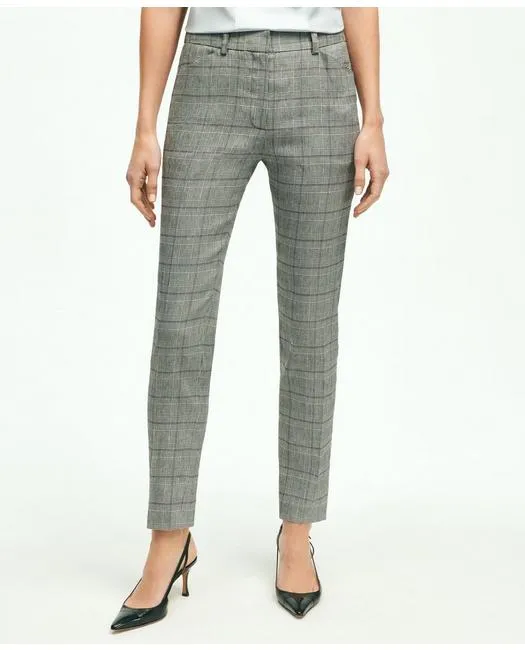 Brooks Brothers Women's Linen Blend Glen Plaid Pants Light Grey Brooks Brothers