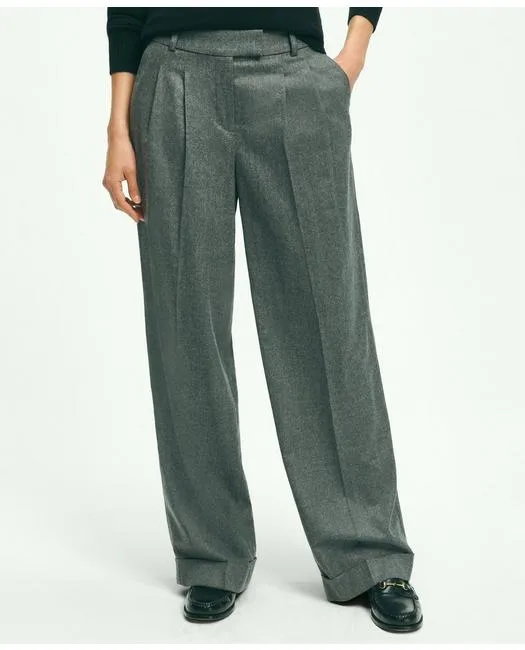 Brooks Brothers Women's Wool Wide-Leg Pleated Flannel Trousers Grey Brooks Brothers