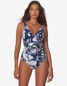 Cachemire Wrap Front Swimsuit - Blue and White pool-ready swimwear for women, trendy swimwear collection