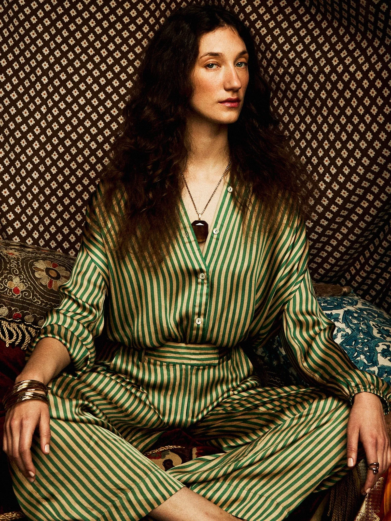 Cara Pant in Almond & Green Stripe