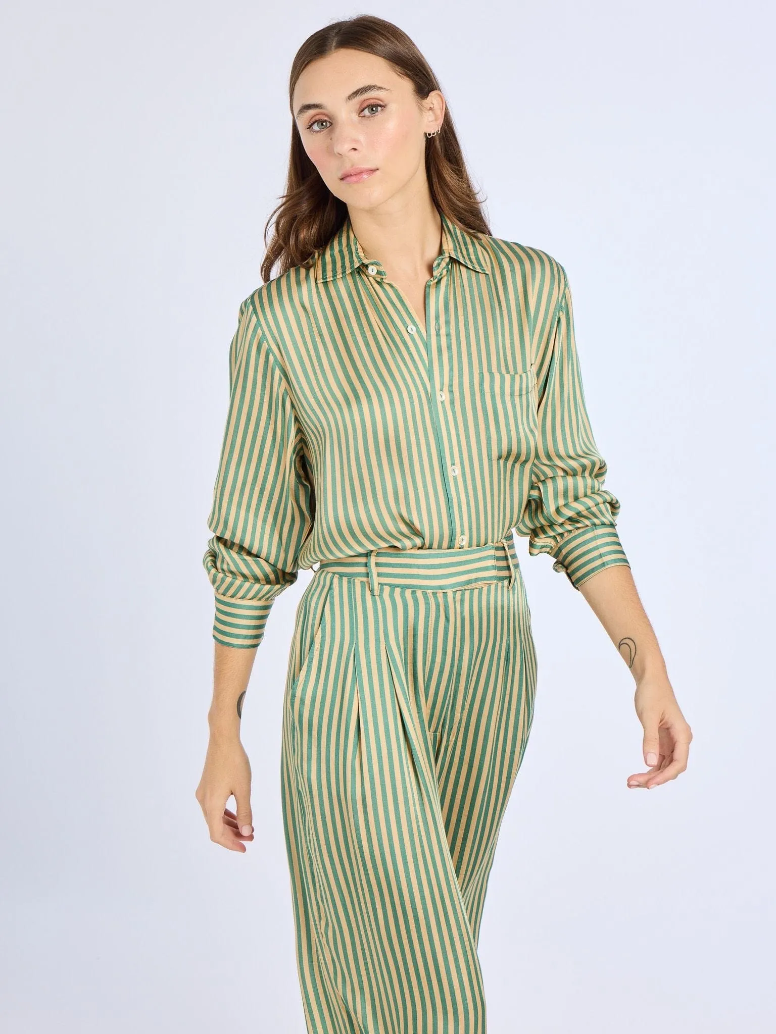 Cara Pant in Almond & Green Stripe