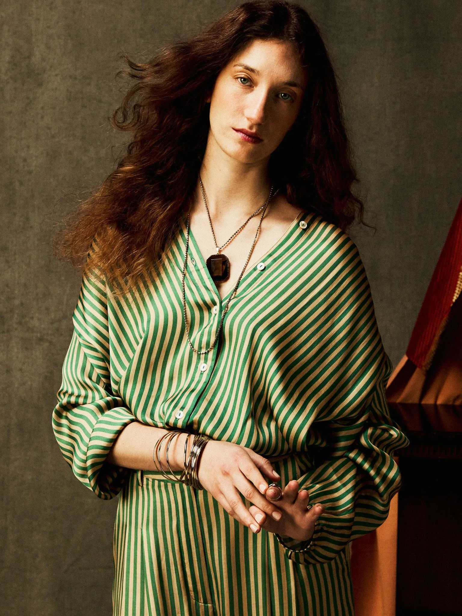 Cara Pant in Almond & Green Stripe