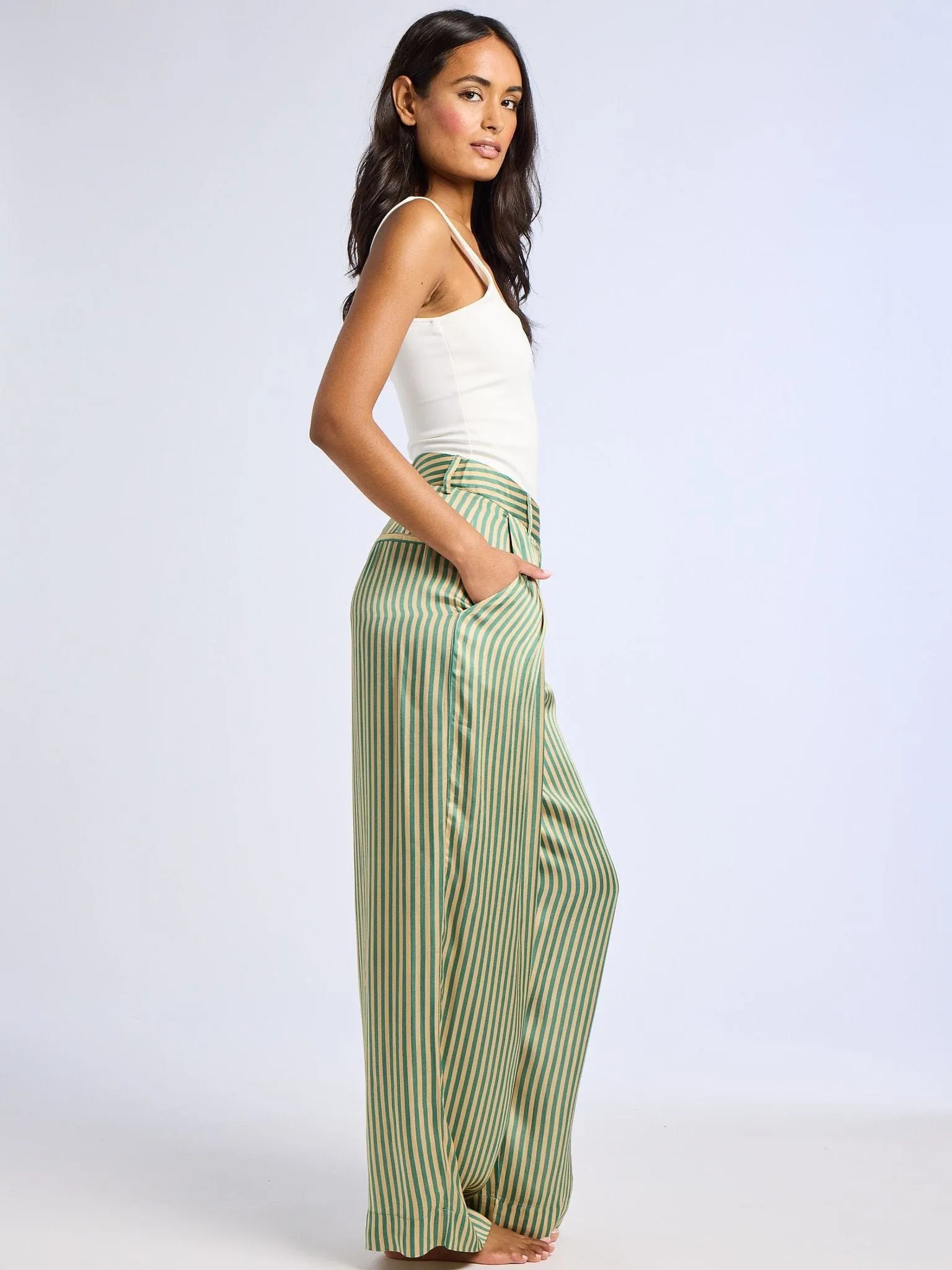 Cara Pant in Almond & Green Stripe