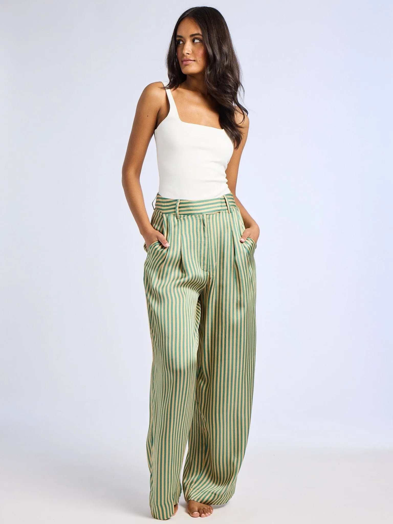 Cara Pant in Almond & Green Stripe