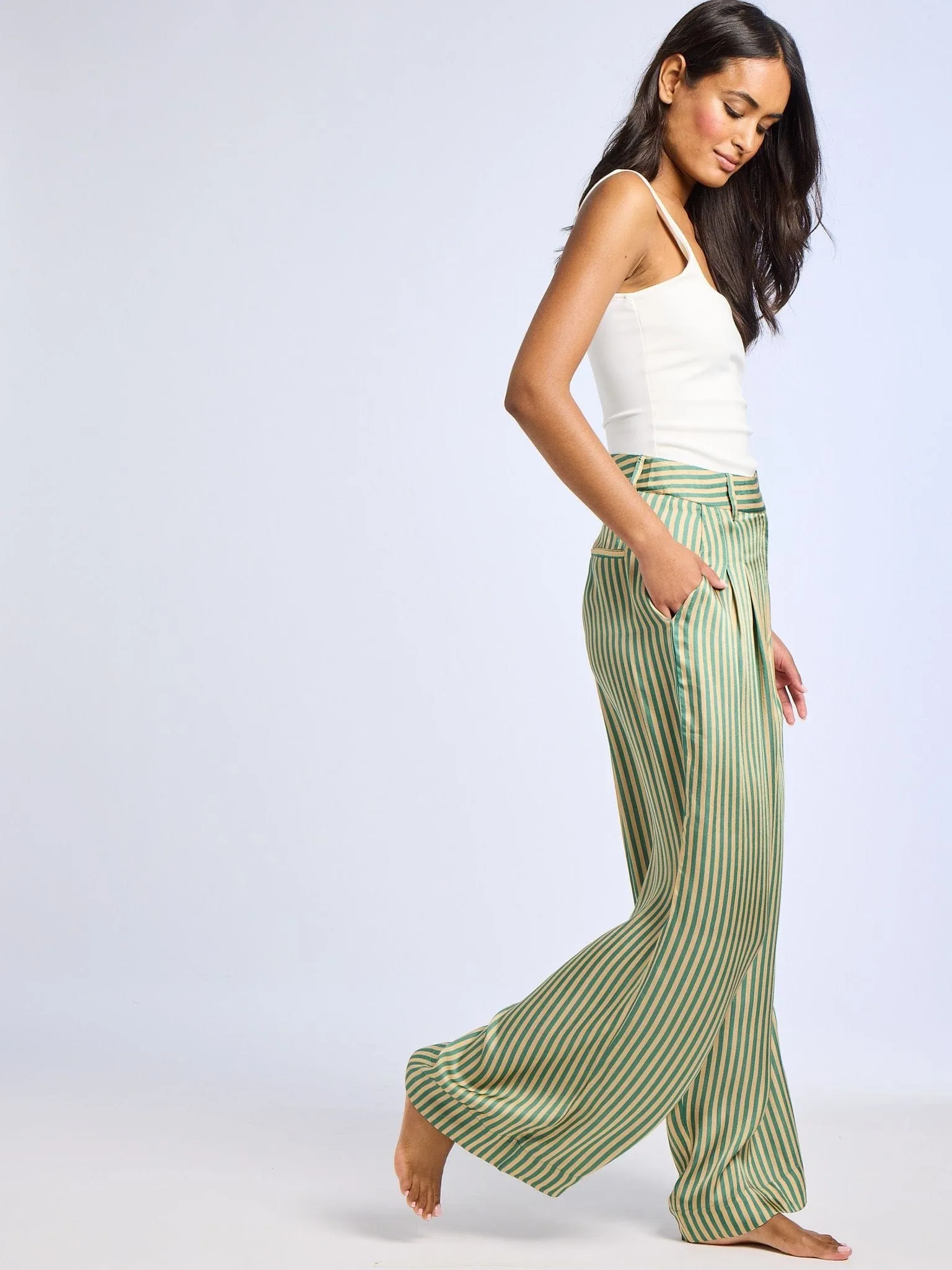 Cara Pant in Almond & Green Stripe