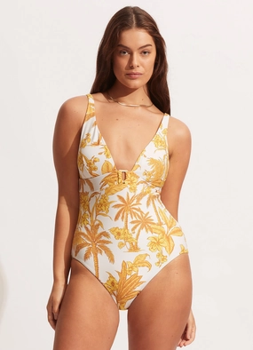 Castaway V Neck One piece - Tuscan Sunset slimming one piece swimsuits, fashionable one piece suits