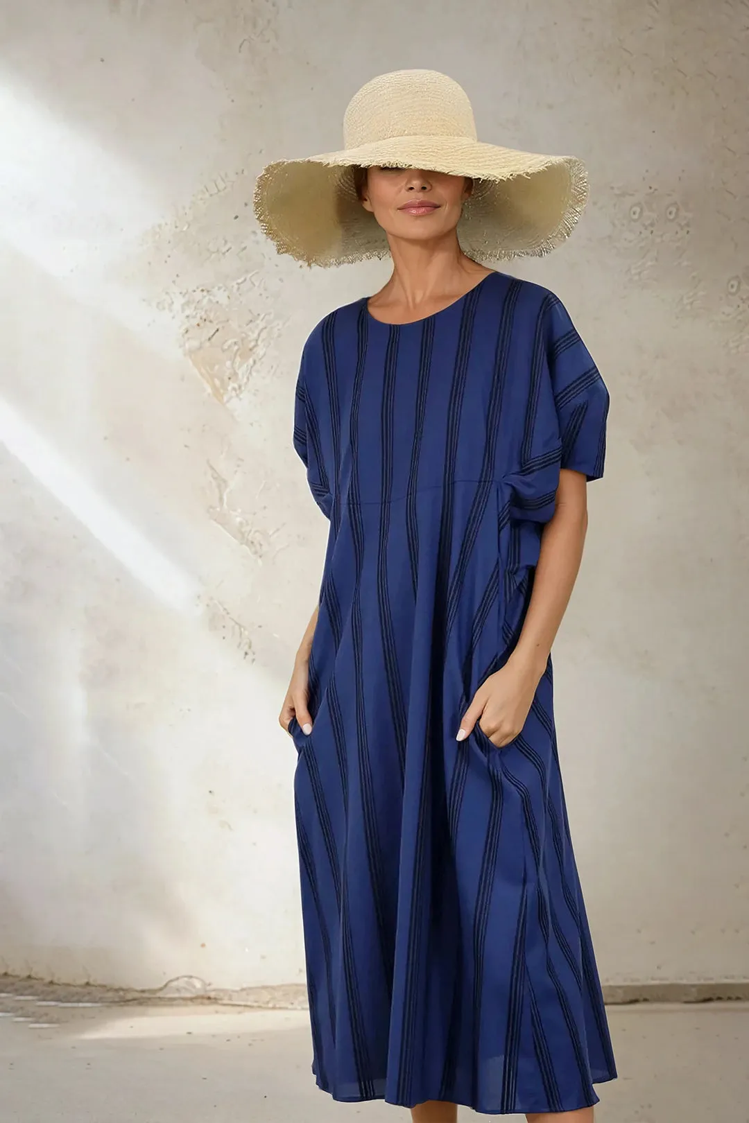 CERCHI SHORT SLEEVE DRESS IN 100% ITALIAN COTTON BLUE STRIPE