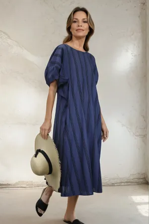CERCHI SHORT SLEEVE DRESS IN 100% ITALIAN COTTON BLUE STRIPE