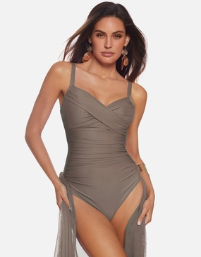 Ceylan Underwired Crossover Swimsuit - Sable cup sized swimwear women, supportive swimsuits for large bust