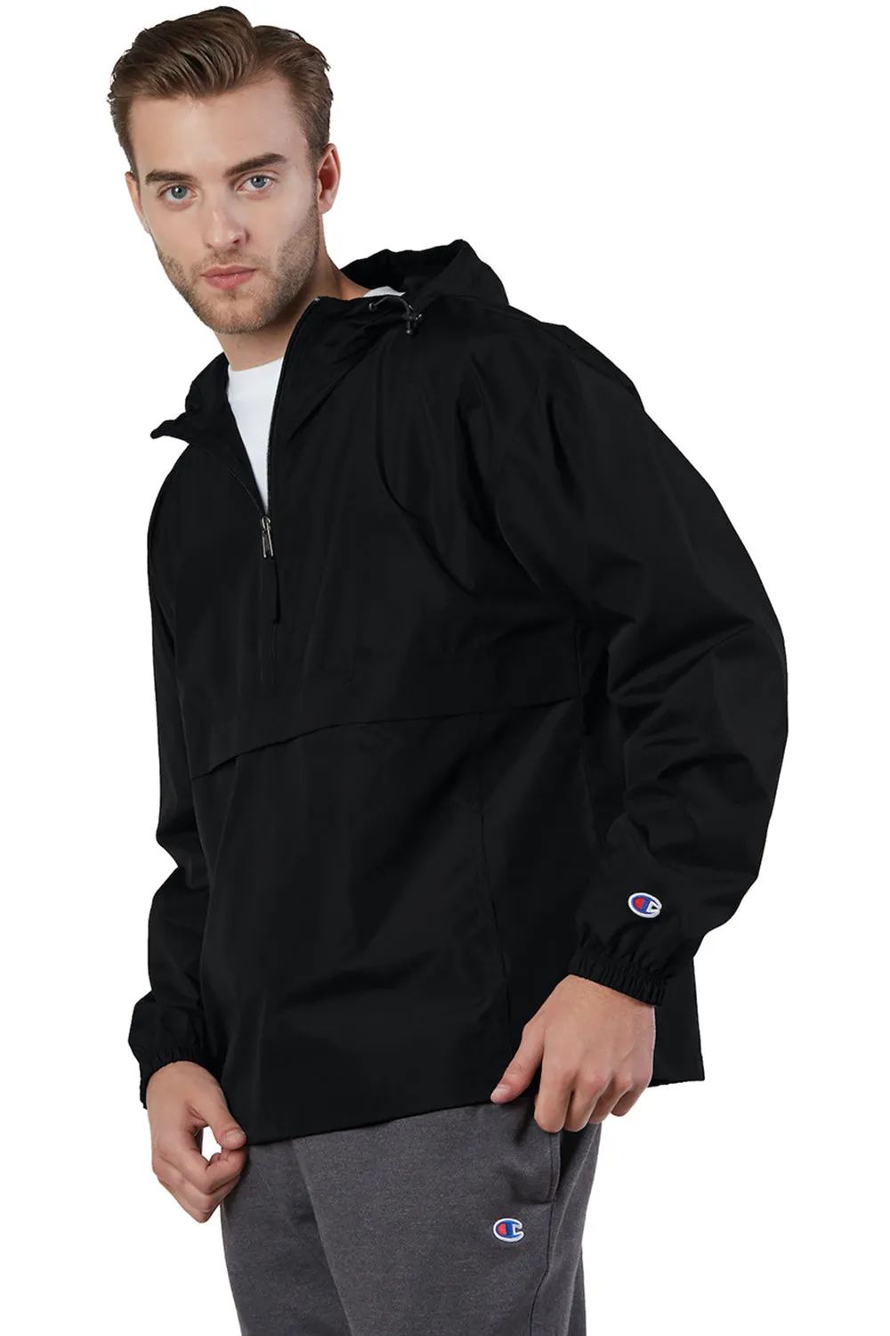 Champion Mens Packable Wind & Water Resistant Anorak 1/4 Zip Hooded Jacket - Black