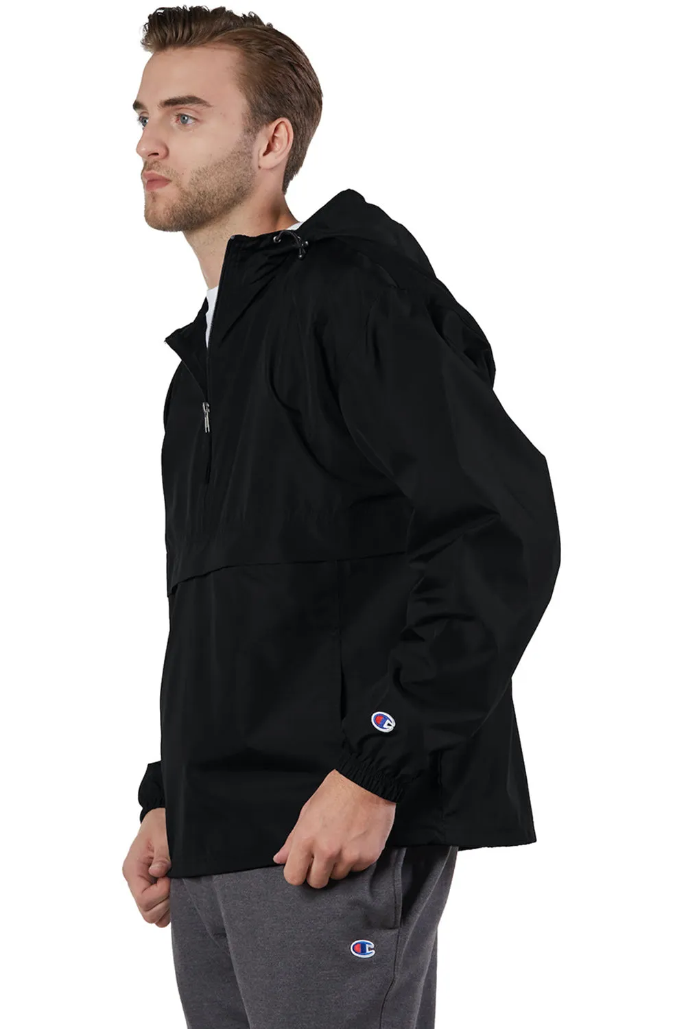 Champion Mens Packable Wind & Water Resistant Anorak 1/4 Zip Hooded Jacket - Black