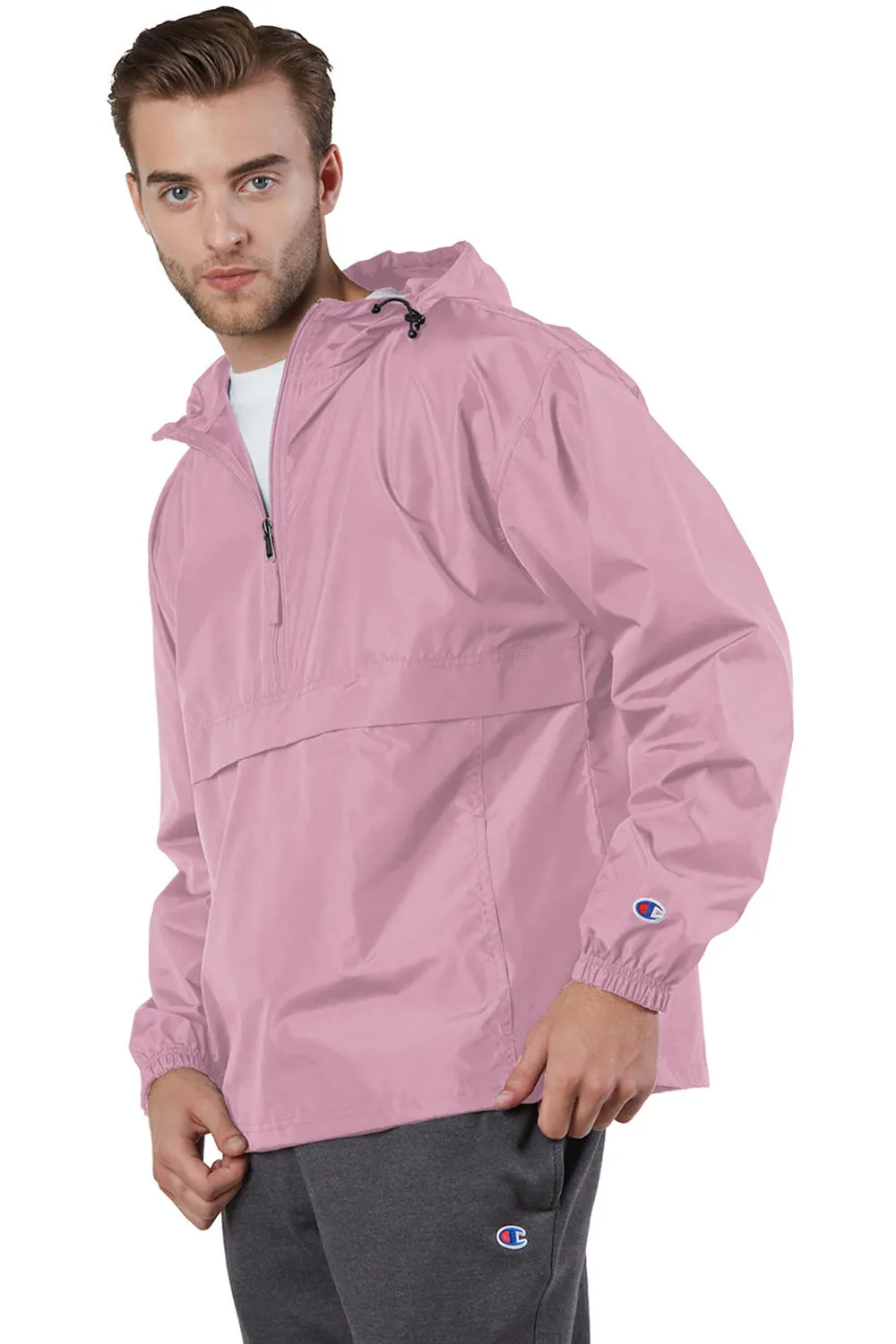 Champion Mens Packable Wind & Water Resistant Anorak 1/4 Zip Hooded Jacket - Candy Pink