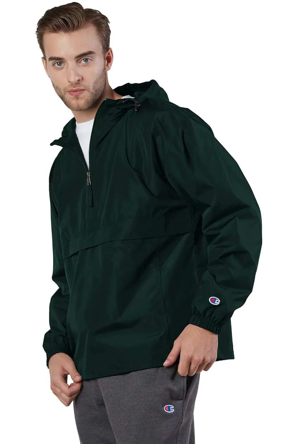 Champion Mens Packable Wind & Water Resistant Anorak 1/4 Zip Hooded Jacket - Dark Green