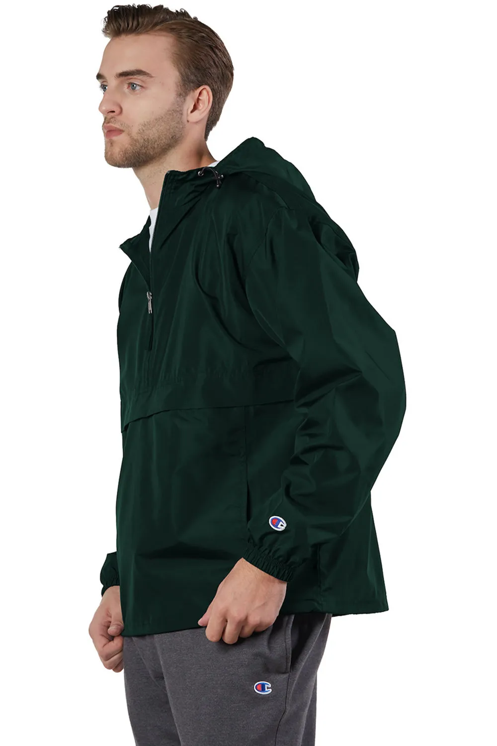 Champion Mens Packable Wind & Water Resistant Anorak 1/4 Zip Hooded Jacket - Dark Green