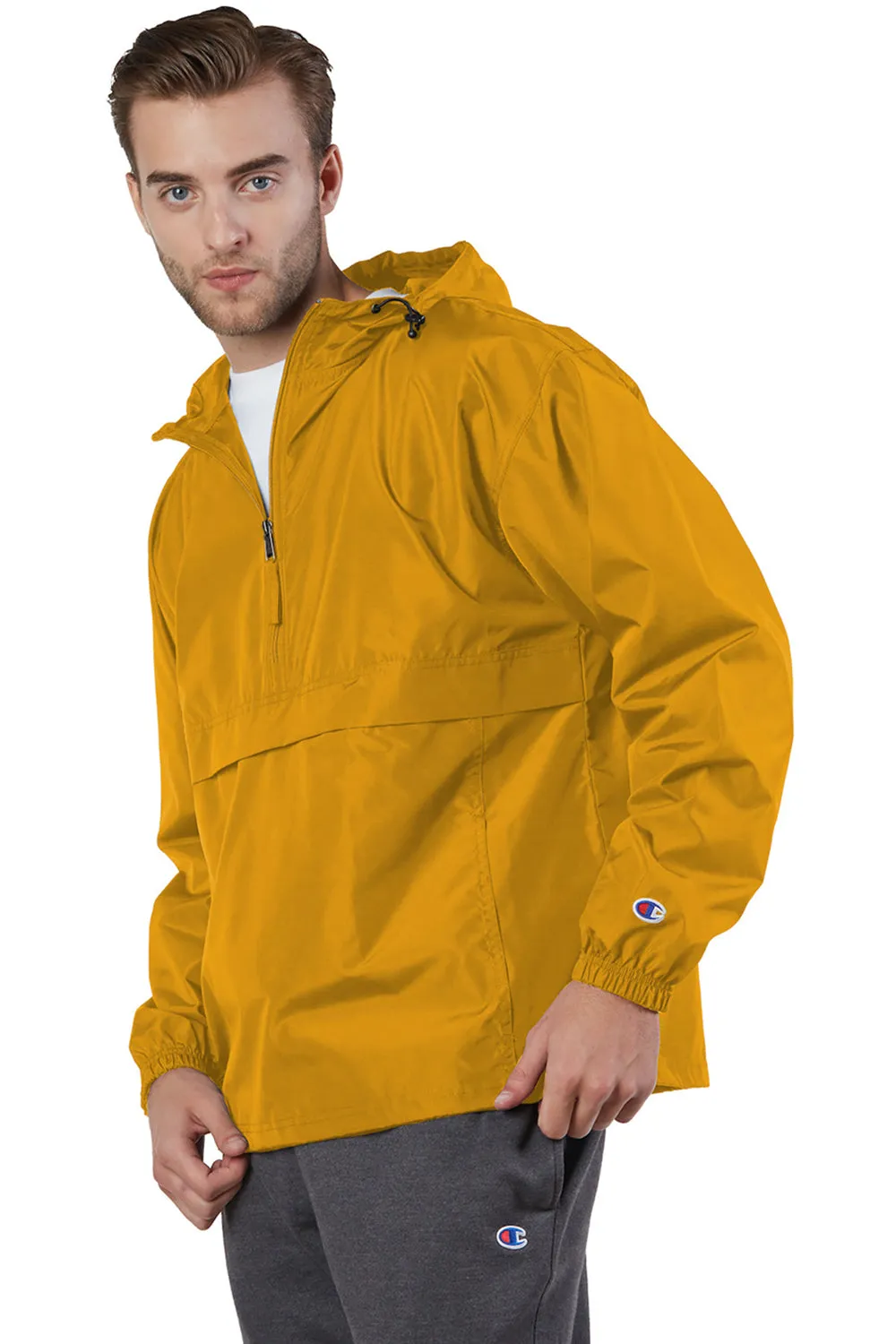 Champion Mens Packable Wind & Water Resistant Anorak 1/4 Zip Hooded Jacket - Gold