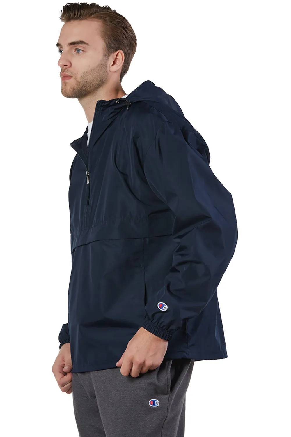 Champion Mens Packable Wind & Water Resistant Anorak 1/4 Zip Hooded Jacket - Navy Blue