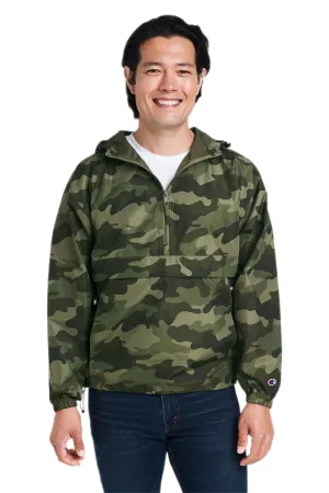 Champion Mens Packable Wind & Water Resistant Anorak 1/4 Zip Hooded Jacket - Olive Green Camo