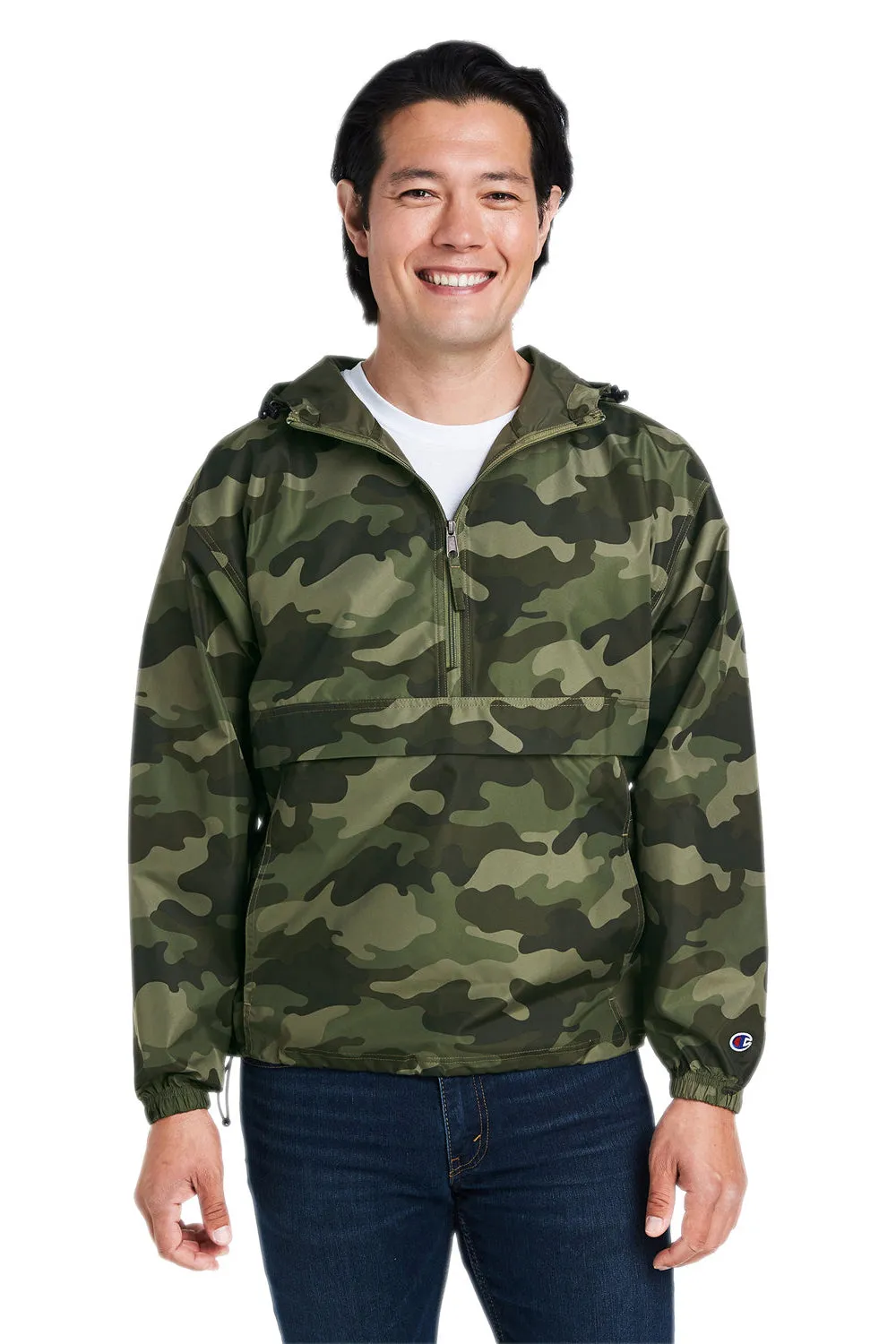 Champion Mens Packable Wind & Water Resistant Anorak 1/4 Zip Hooded Jacket - Olive Green Camo
