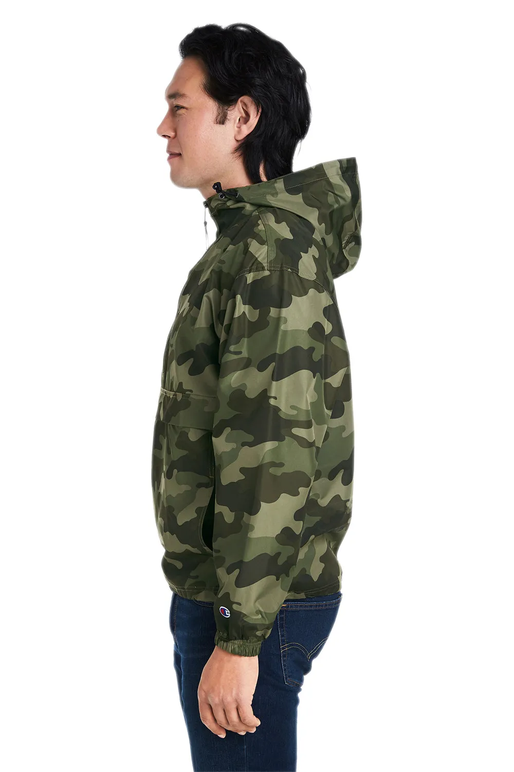 Champion Mens Packable Wind & Water Resistant Anorak 1/4 Zip Hooded Jacket - Olive Green Camo