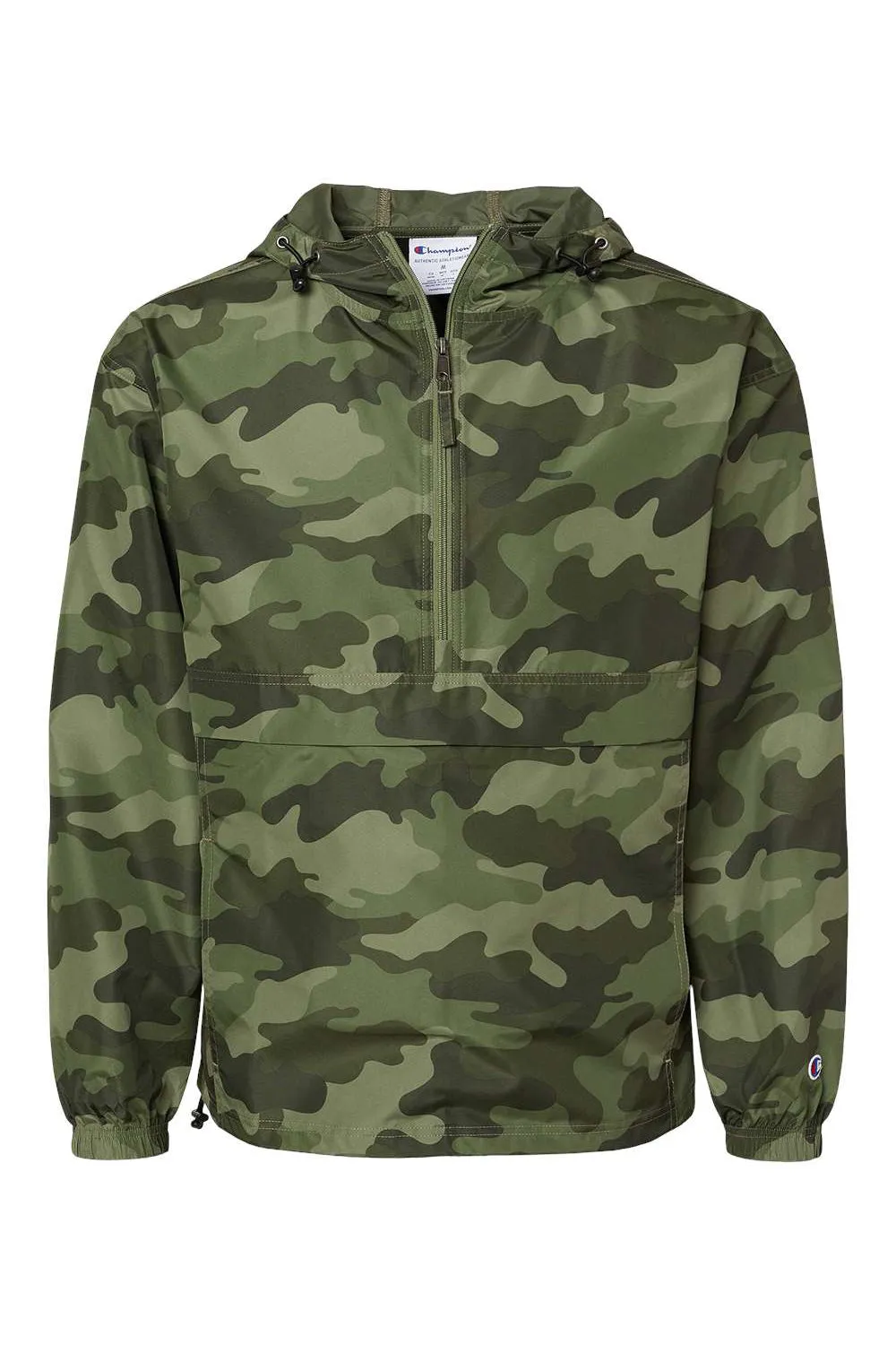 Champion Mens Packable Wind & Water Resistant Anorak 1/4 Zip Hooded Jacket - Olive Green Camo