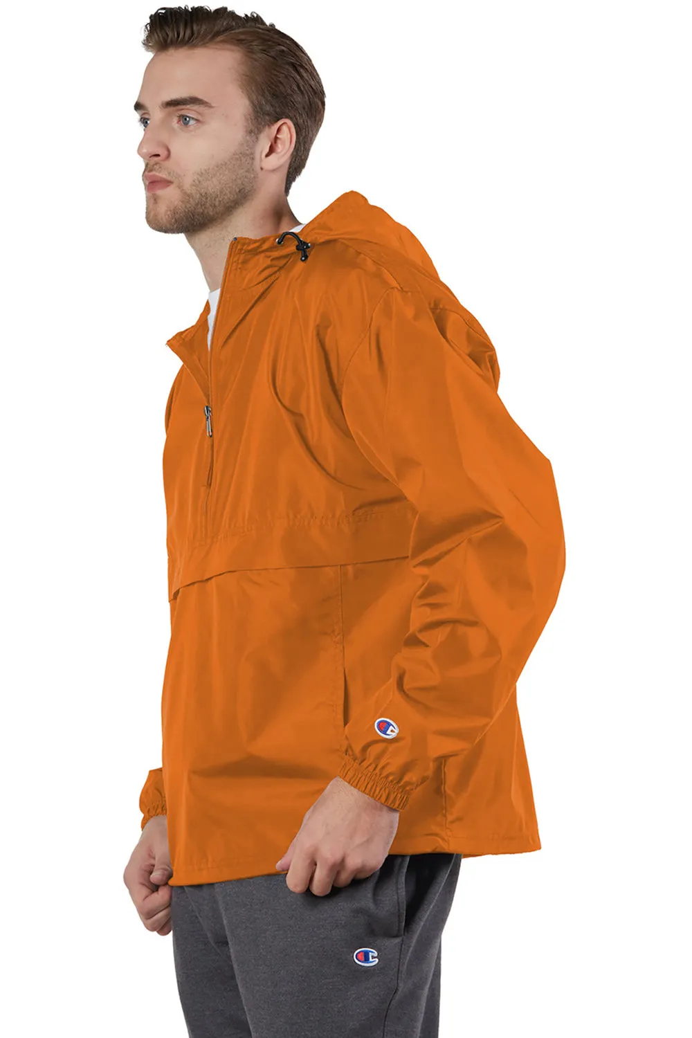 Champion Mens Packable Wind & Water Resistant Anorak 1/4 Zip Hooded Jacket - Orange