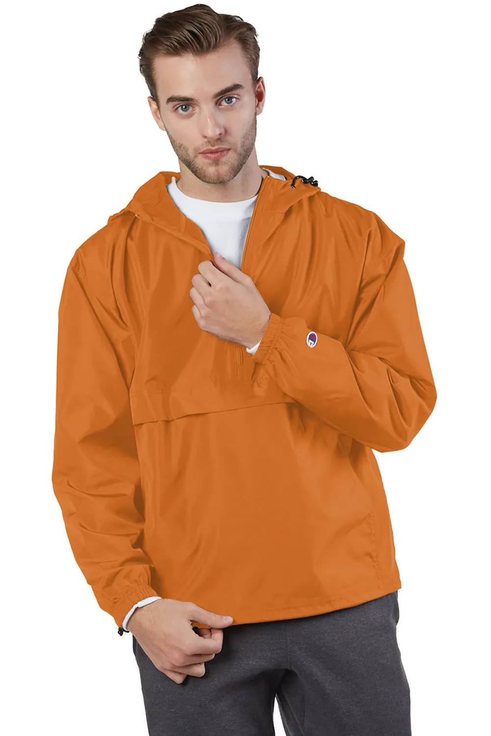 Champion Mens Packable Wind & Water Resistant Anorak 1/4 Zip Hooded Jacket - Orange