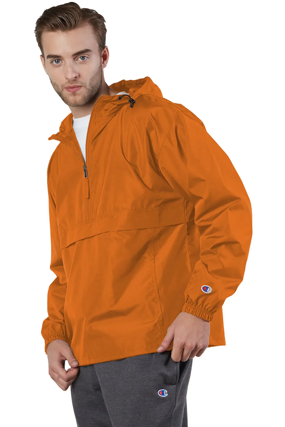 Champion Mens Packable Wind & Water Resistant Anorak 1/4 Zip Hooded Jacket - Orange
