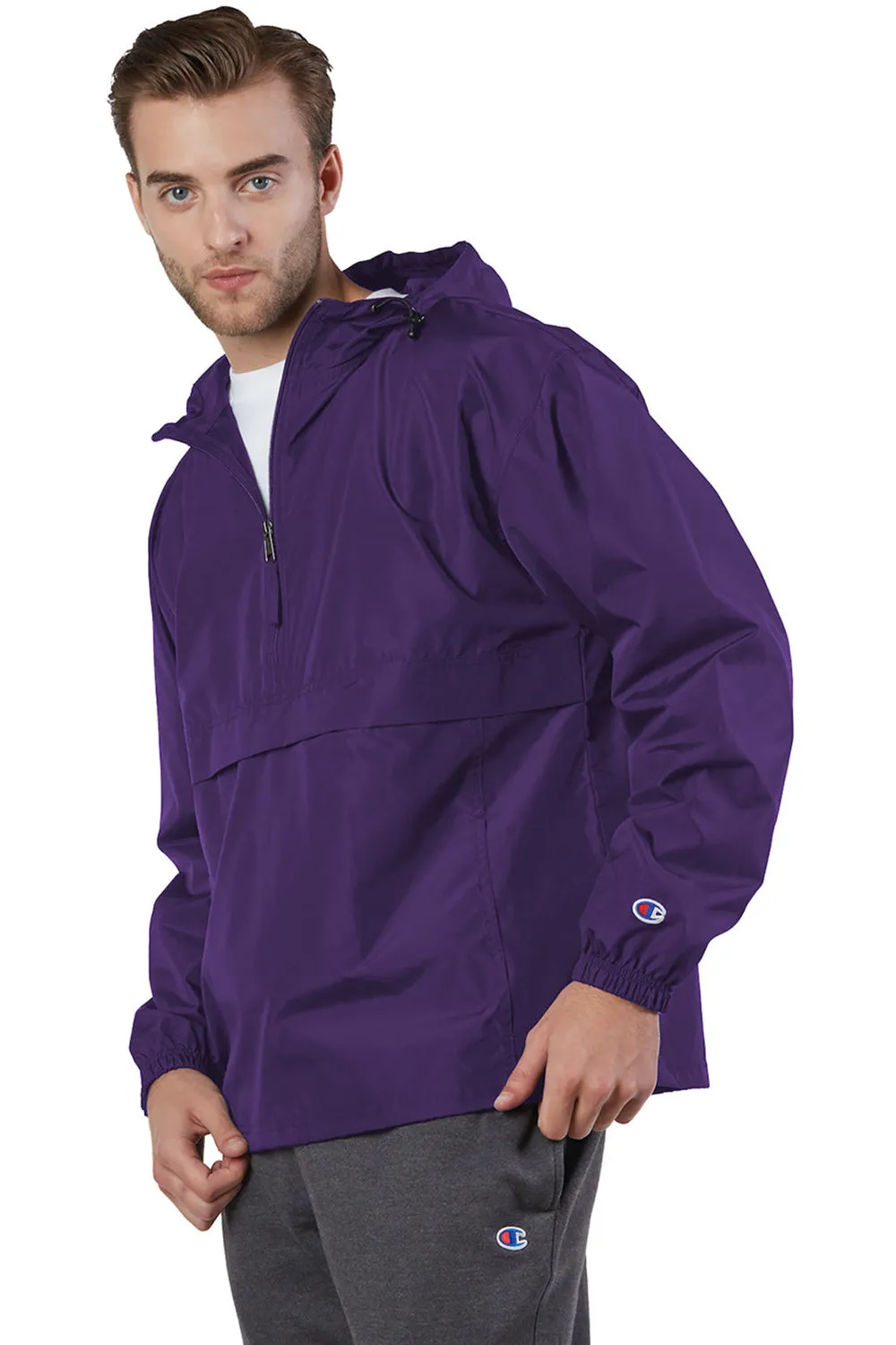 Champion Mens Packable Wind & Water Resistant Anorak 1/4 Zip Hooded Jacket - Ravens Purple